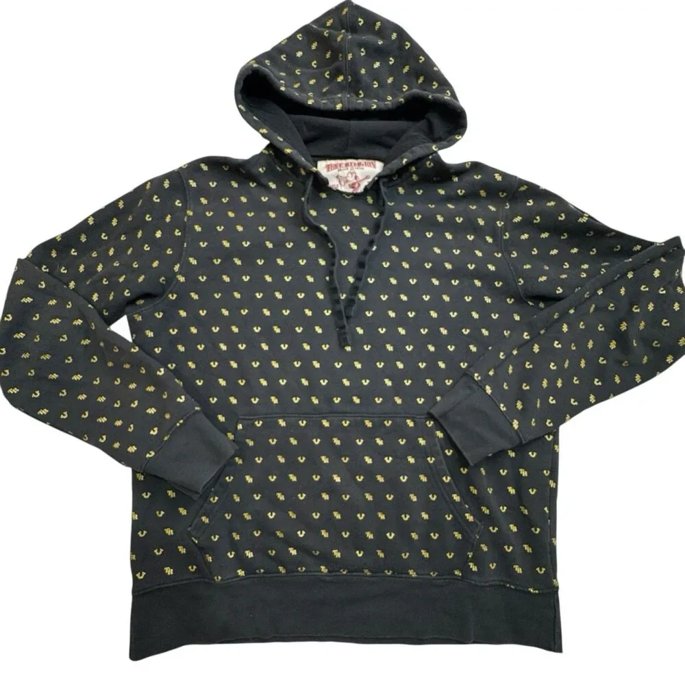 True Religion Monogram Pullover Hoodie Black Gold All Over Horseshoe Logo Mens L